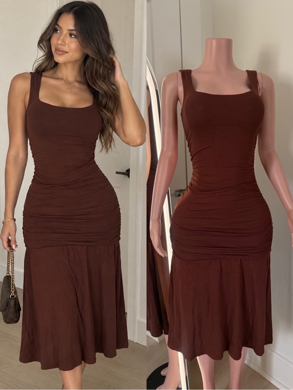 Women’s Square Neck Ruched Midi Dress - Brown